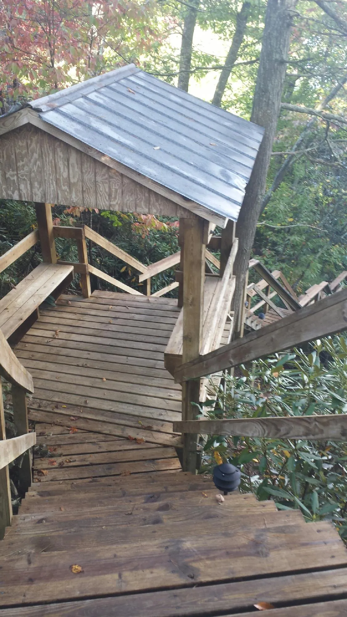 Metal roofed shelter over wooden steps on a wooded walkway — Skylight Repair & Installation work by our crew in Bicknell
